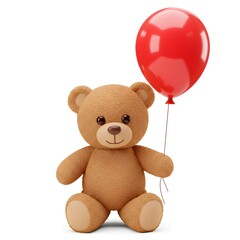 Cute Teddy Bear Holding a Red Balloon Isolated on White Background