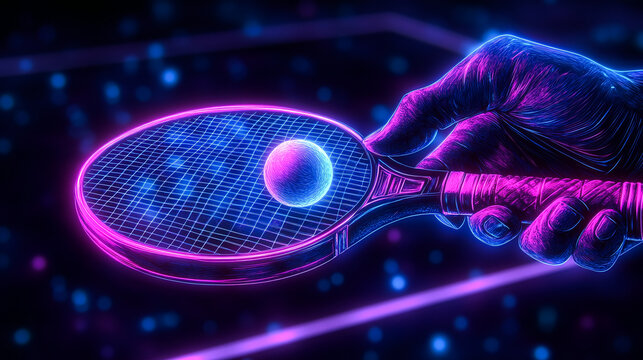 A neon vector illustration showing a hand holding a ping pong racket, striking a ball with dynamic motion and glowing line art