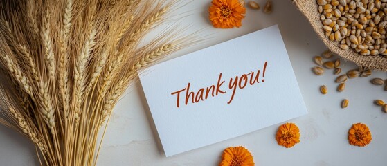 A card with the words "Thank you!" written on it, sitting next to some wheat and marigolds, symbolizing the farm-to-table food service's gratitude for customers' support.