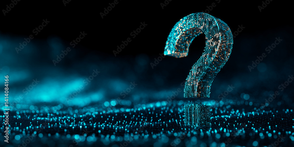 Aufkleber sparkling cyan question mark, digital particles, dark background, symbolizes inquiry, uncertainty, p