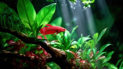 Striking red fish gliding through a lush green aquarium surrounded by beautiful aquatic plants in a tranquil setting