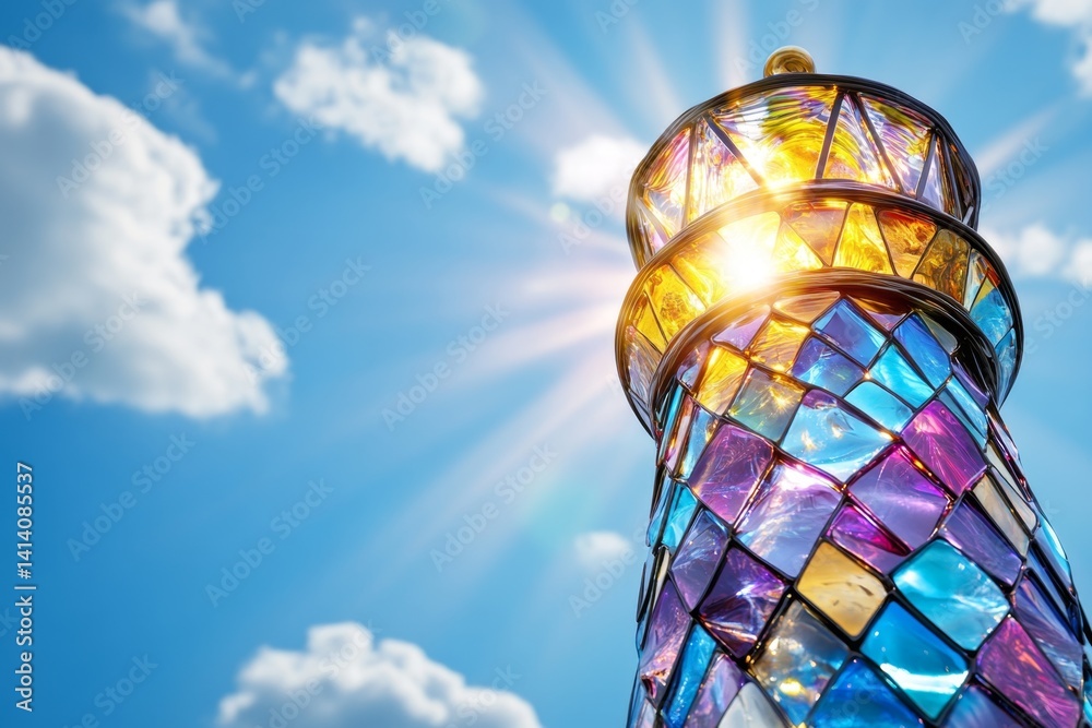 Poster a super-detailed close-up of a lighthouseâ€™s glass beacon, with light reflecting in intricate patte