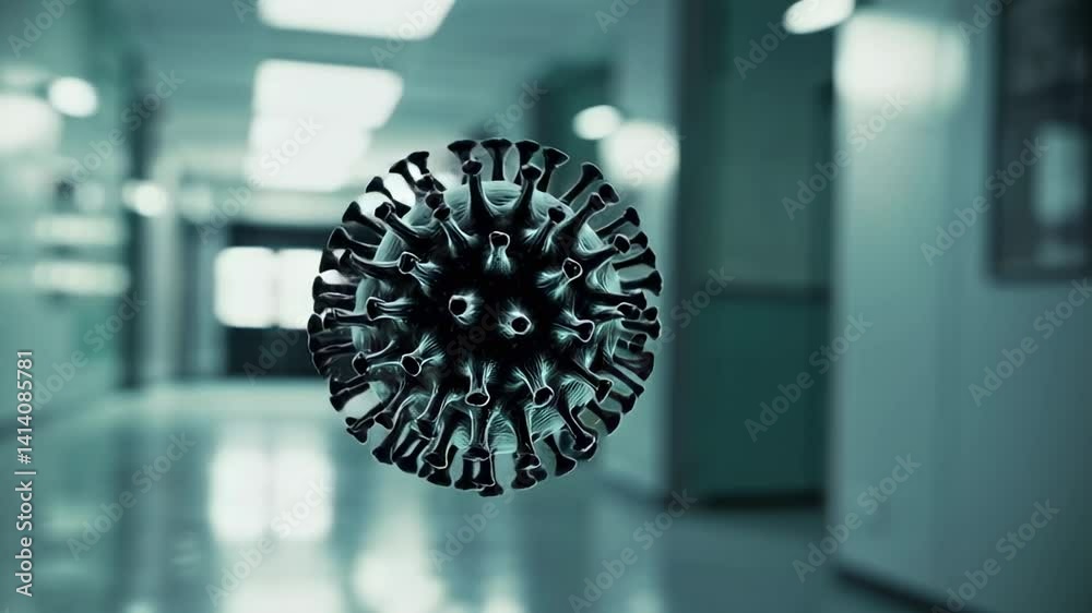 Aufkleber Microscopic view of dangerous coronavirus particle floating in an empty hospital corridor represents the global pandemic and the need for vaccination