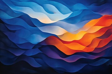 A sophisticated, large-scale mural featuring gradients of deep blues and fiery oranges, reflecting the balance and warmth of communal coexistence