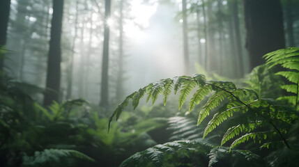 Misty forest sunlight green nature scene