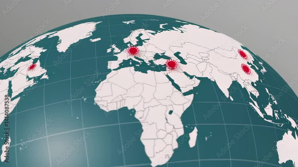 Poster red virus icons appearing on a rotating globe illustrate the concept of a pandemic, highlighting the
