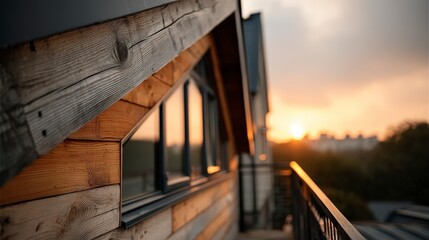 Modern Chalet Home Sunset  Wooden Exterior  Balcony  Window Detail