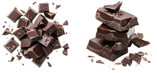 Dark chocolate chunks isolated on a transparent PNG background, cut out on white background
