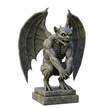 Gargoyle statue with wings, perched on a stone base, isolated, gothic architecture