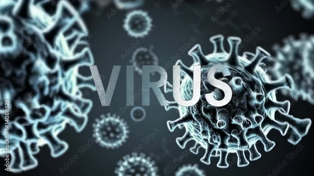 Aufkleber Virus particles float and interact, highlighting their intricate structures against a dark backdrop. Emphasizes virology and microscopic scale