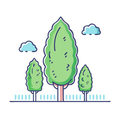 A Simple Illustration of Three Green Trees Under a Blue Sky with Fluffy White Clouds