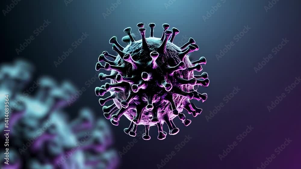 Poster Microscopic view of a coronavirus particle rotating slowly against a gradient background, other virus particles are visible but out of focus, suggesting the presence of a viral infection