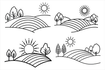 Silhouette of the sun rising over rolling spring hills with trees and flower