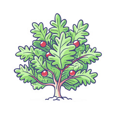 Obraz premium Cartoon Illustration of a Young Oak Tree with Red Berries Lush Green Foliage and Simple Trunk