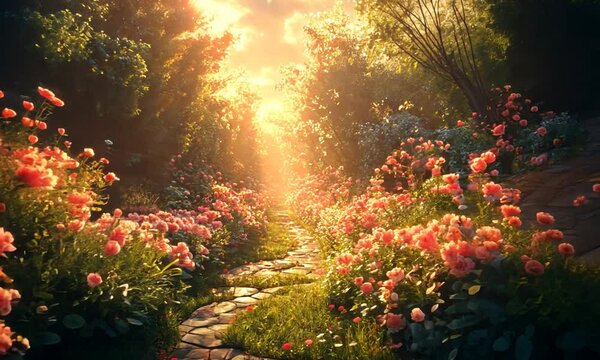 Serene pathway through a blooming garden at sunset, with vibrant flowers and soft light