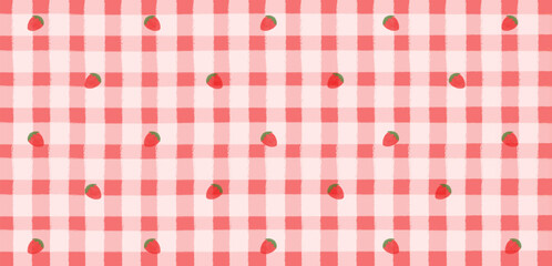 Cute vintage checkered print background decorated with little strawberries