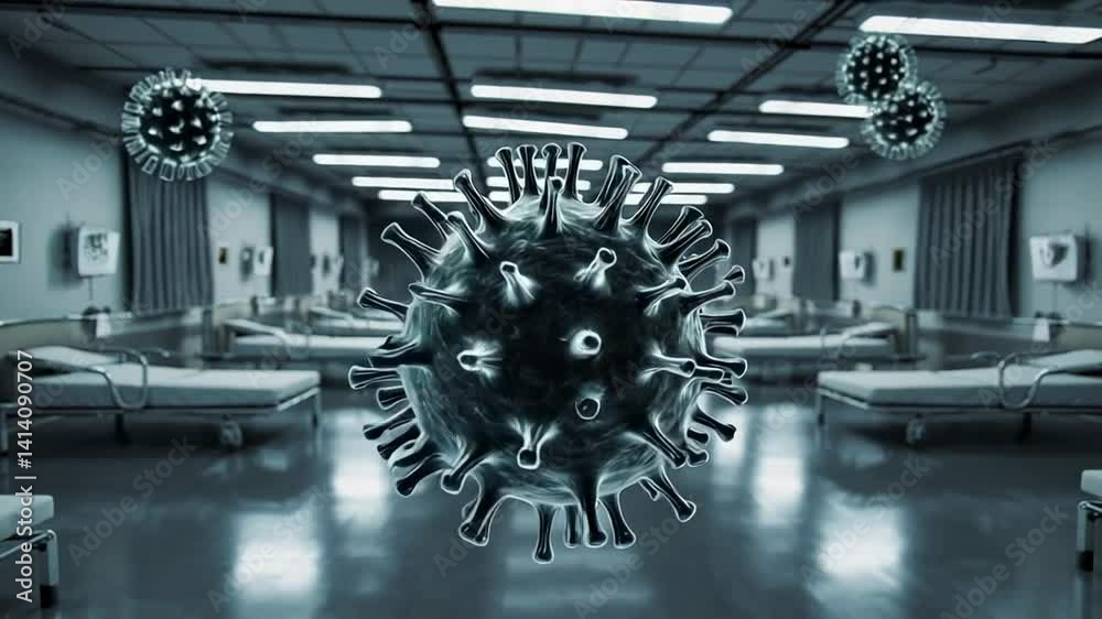 Poster microscopic visualization of virus particle drifting through sterile hospital room, revealing potent