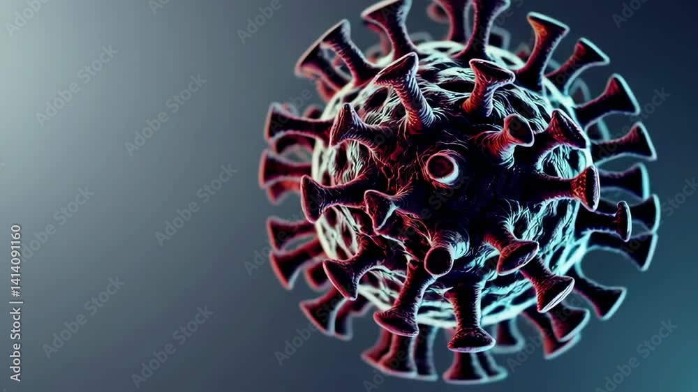 Aufkleber Detailed microscopic rendering of coronavirus particle spinning and rotating against gradient gray blue background, showcasing viral structure with scientific precision