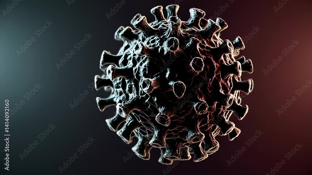 Aufkleber Coronavirus particle rotating slowly against gradient background transitioning from red to blue, representing scientific visualization of viral structure and molecular movement