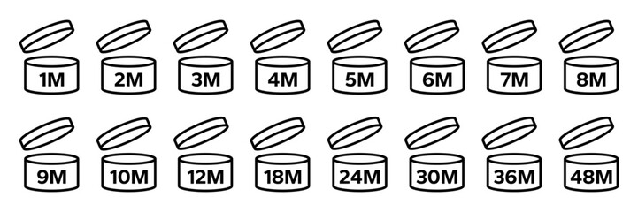 Period After Opening PAO label, symbol, icon logo. Cosmetic open period month 1M, 2M, 3M, 4M, 5M, 6M, 7M, 8M, 9M, 10M, 12M, 18M, 24M, 36M, 48M. Cream eu pack label for product packaging design.