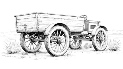 Vintage Farm Tractor and Wagon Sketch