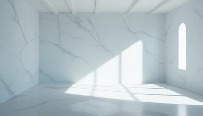 Obraz premium A bright, minimalist interior featuring sleek marble walls and soft light streaming through a window, creating a serene ambiance for contemplation.