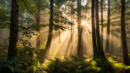 Fototapeta premium Golden sunlight filtering through dense forest trees with soft mist and glowing particles