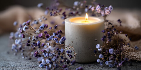Lit candle in a grey concrete holder, surrounded by dried purple and blue flowers, on a textured surface, creating a calm and serene atmosphere