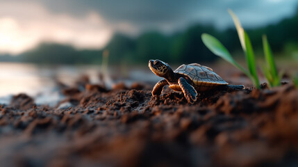 small turtle walking on the ground to river or sea
