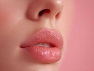 tight crop of lips with natural soft pink tone and gentle expression, photorealistic, isolated on creamy rose background