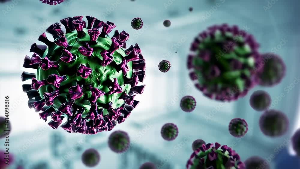 Poster Detailed 3d render of virus particles suspended in a virtual space, illustrating concepts of viral spread and vaccination efforts