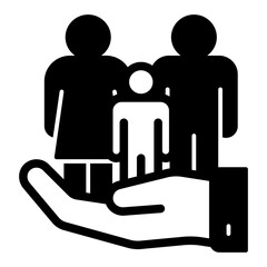 Family in hand solid icon, family lawyer concept. Vector graphics. Human group in hand palm sign on white background, glyph style mobile or design.