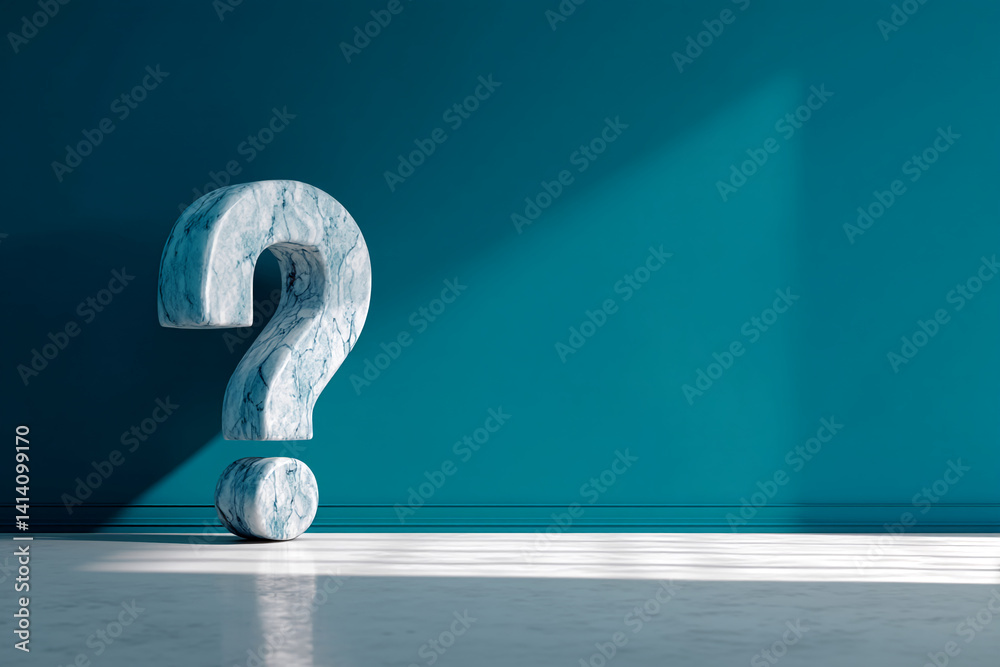 Poster Marble question mark on teal wall, showcasing a minimalist design concept with ample free space for text or branding