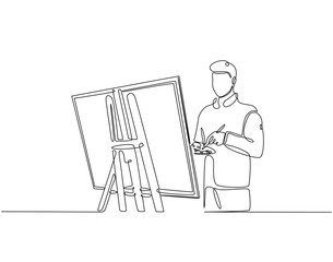 Continuous line drawing of man drawing on canvas. Single line illustration of watercolor paint on canvas. International art day concept. Editable outline