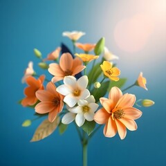 Obraz premium Elegant Freesia & Frangipani Bouquet: Soft Orange, Yellow, and White Blooms on a Teal Background