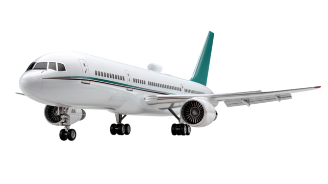A commercial jet, an aircraft designed for passenger air travel, is depicted in vector format on a white background, on the ground, and on the runway, ready for flight and takeoff in the sky of the av