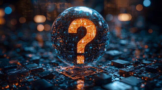 A question mark floating within a futuristic digital globe - Powered by Adobe