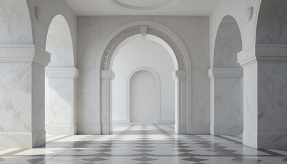 A serene interior space featuring elegant arches, natural light streaming in, and a stunning marble floor enhancing the architectural beauty.