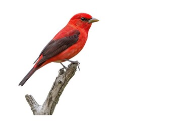 Scarlet tanager bird perched on branch wildlife photography isolated on white background
