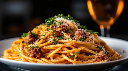 Delicious spaghetti with tomato sauce fresh herbs and cheese