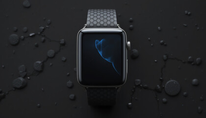 A sleek, modern smartwatch displayed on a dark, water-splashed surface, showcasing its elegant design and advanced features for tech enthusiasts.