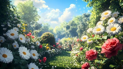 Vibrant garden with daisies and roses under a blue sky lush greenery bright blossoms tranquil summer morning ambiance