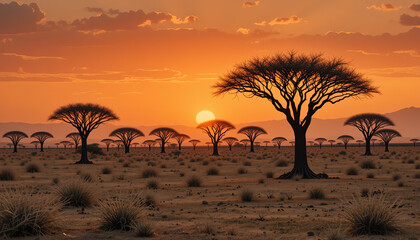 A stunning sunset over a vast savannah, showcasing silhouettes of acacia trees against a warm orange sky, embodying the beauty of nature.