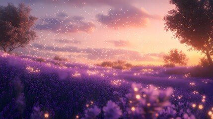 Lavender field at sunset glowing with fireflies serene landscape dreamy sky vibrant purple and golden light
