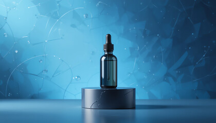 A stylish glass dropper bottle on a modern pedestal, showcasing the soothing blue backdrop, perfect for skincare or wellness product representation.