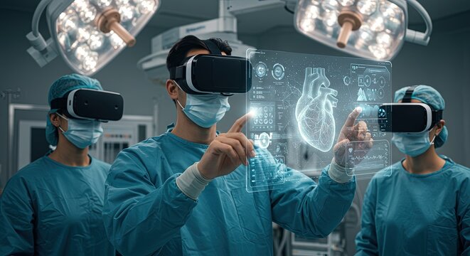 Surgical Team in VR: Holographic Heart Study Under Operating Room Lights.