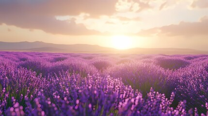Obraz premium Lavender fields at sunset, vibrant purple blossoms, serene horizon, tranquil atmosphere, nature's beauty, peaceful escape
