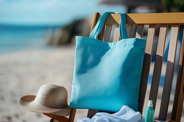 Blue beach tote mockup on wooden chair with sunhat and towel.