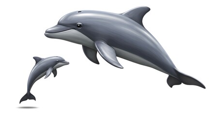 Illustration of two playful dolphins swimming side by side on white