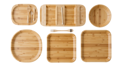 Set of bamboo plates in various round and square shapes